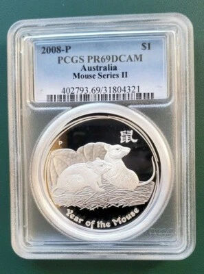 2008 AUSTRALIA YEAR OF THE MOUSE 1 oz SILVER PROOF COIN PCGS PR 69 Deep Cameo ! - Image 1 of 4