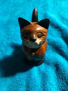 VINTAGE WOODEN CAT CARICATURE CAT WITH BELL - Picture 1 of 5