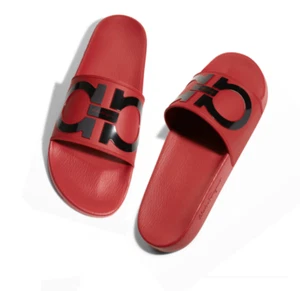 Salvatore Ferragamo Groove 2 Gancini Slides Rouge Red Size 8 Men Italy NEW - Picture 1 of 12