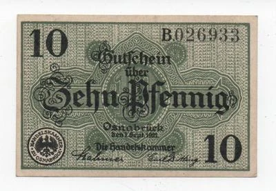 GERMANY OSNABRÜCK 10 PFENNIG 1917 BLA STAMPED NOTGELD EMERGENCY MONEY LOOK SCANS - Image 1 of 2