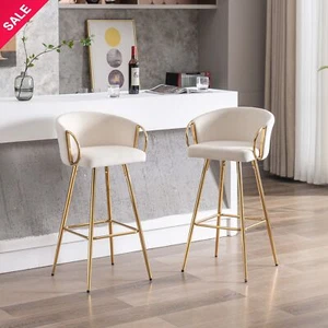 Velvet Simple Bar Stools Set of 2 Low Back Chair with Chrome Footrest Golden Leg - Picture 1 of 6