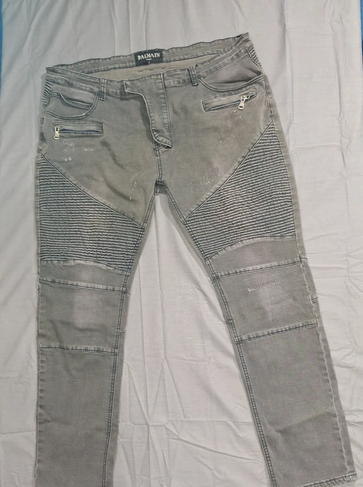 Authentic Distressed Balmain Paris Moto Jeans  Gray Denim Sz 42 Made in Italy - Image 1 of 4