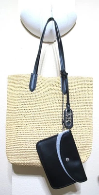NEW Authentic MICHAEL KORS ELIZA Large NS Tote Straw Natural/Black w/Pouch - Image 1 of 4