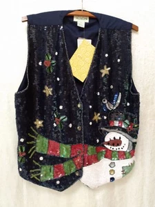 Snowman Christmas Vest W Sz Med Quacker Factory Beaded Festive Winter Sequins - Picture 1 of 5