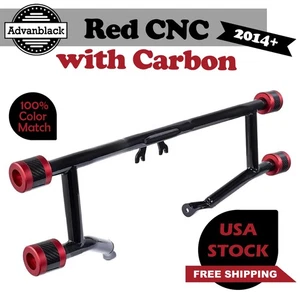 Red CNC w/ Carbon ProTek Front High Way Peg Two Step Crash Bar For 14+ Harley - Foto 1 di 12
