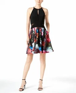 New $389 Xscape Womens Black Red Blue Floral Mesh-Inset Fit & Flare Dress Size 2 - Picture 1 of 2