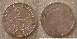 France 2 Centimes 1902 Dupuis Free Shipping World Francs Centime Frcs Cent Cents - Picture 1 of 3