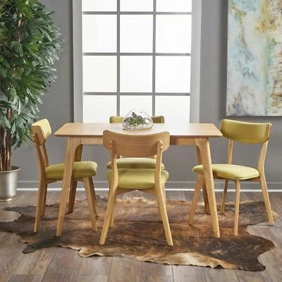 Meanda Mid Century Finished 5 Piece Wood Dining Set with Fabric Chairs - Image 1 of 3