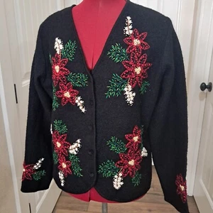 Coldwater Creek Poinsettia Christmas cardigan Sz M Sweater Embroidered Wool - Picture 1 of 8