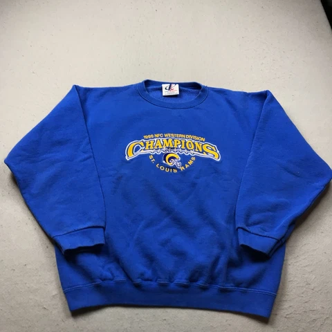 VINTAGE Logo Athletic St Louis Rams Sweatshirt Mens Medium Blue Crewneck Fleece Cover