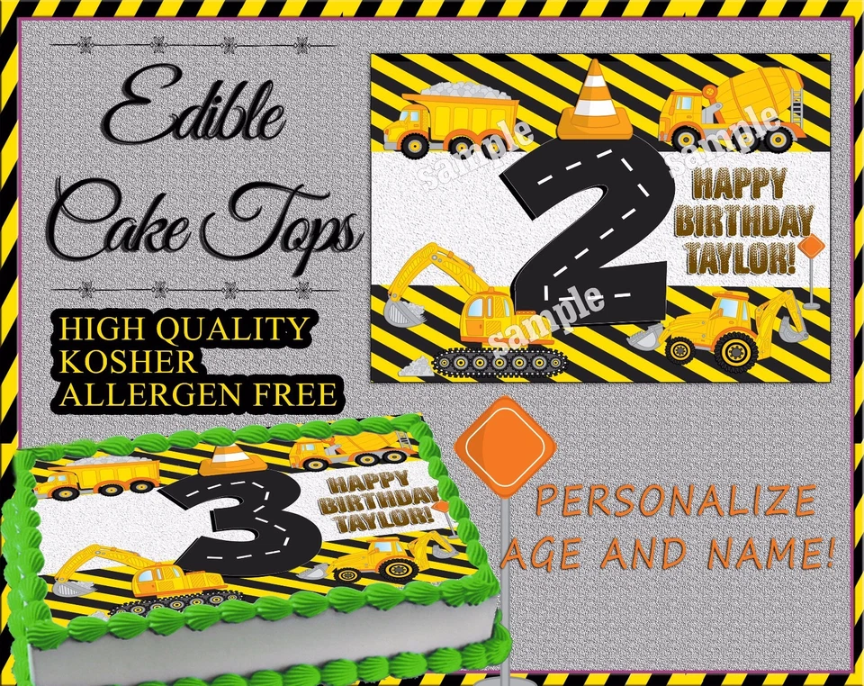 En construcción adorno de pastel de cumpleaños papel comestible hoja de azúcar camión volquete carretera Foto 1 de 3