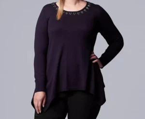 Vera Wang; Mujer Plus, Mangas Largas, Dobladillo de Panel, Suéter Lt Wt: Púrpura, Talla 0X - Imagen 1 de 2