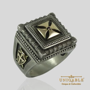 Ritter Templer 14K Gelbgold und Sterlingsilber Ring Freimaurergröße Kreuz Rubin - Bild 1 von 12