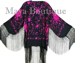 Maya Matazaro bestickte Seide Fransen Jacke Kimono schwarz & fuchsia kurz - Bild 1 von 7