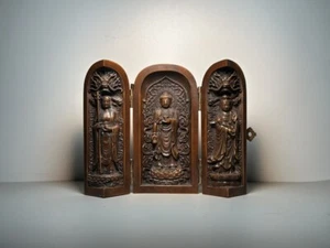 Antike drei offene Boxen Drachenkopf Salbei Sammlung Holzschnitzerei Feng Shui - Bild 1 von 5