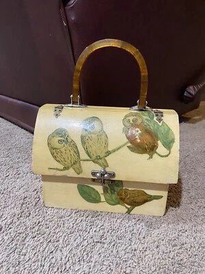 Vintage Wood Box Purse Handbag Decoupage Raised Owls Lucite Handle Mid-Century - Image 1 of 4
