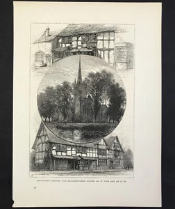 Stratford Church and Shakespear's House as it was and is woodcut c1875 - Picture 1 of 3