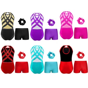 Kids Girls Bodysuit With Shorts Headwear V-front Waistband Gymnastics Outfit - Picture 1 of 65