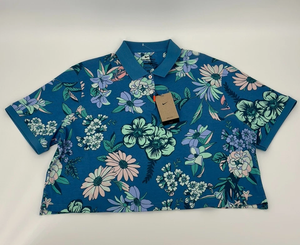 Nike Polo Shirt Women M Blue Floral Cropped Dri-FIT Loose Fit Golf DH2478-469