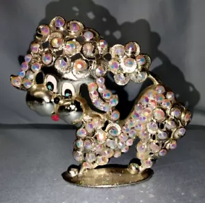 VINTAGE GOLD POODLE EARRING HOLDER DECORATED WITH IRIDESCENT ACRYLIC RHINESTONES - Picture 1 of 15