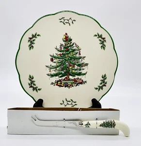 Spode 1938 CHRISTMAS TREE Porcelain 9” Cheese Trivet Dish w/ Knife NEW - Picture 1 of 4