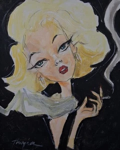 Original Glamour Girl Painting Smoking Thayer Art OOAK MCM Canvas NOT A PRINT - Picture 1 of 5