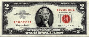1963  $2 Red Seal (FANCY SERIAL # A09400303A ) Legal Tender  VF-CVF-Fr. 1513 - Picture 1 of 3