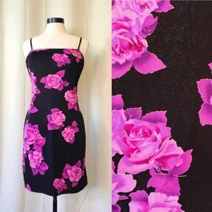 VTG 90s Square Neck Floral Glittery Mini Dress - Picture 1 of 7