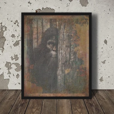 Vintage BIGFOOT FOREST Wall Art, Sasquatch Tree Decor, Cryptid Nature Art Poster - Image 1 of 4