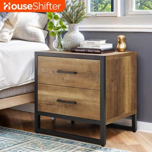 Nightstand Set of 2 Bedside Table Storage 2 Drawer Dresser Metal Frame Bedroom - Picture 1 of 11