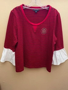 Tommy Hilfiger Womens Red with Sequined "TH" Logo Bell Sleeve Boat Neck Top Sz L - Picture 1 of 3