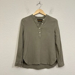 JENNI KAYNE Gauze Henley Shirt Womens XS Sage Green Long Sleeve Cypress Cotton - Picture 1 of 9