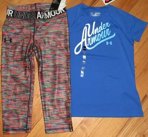 Under Armour logo script top & cropped capri leggings NWT girls XL YXL - Picture 1 of 2