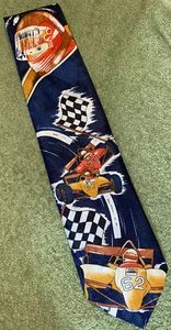 FLORENCE MENS TIE NAVY BLUE RACECARS FLAGS AND RACER - Picture 1 of 7