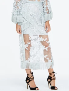 Nueva FALDA Alice McCall Larga Transparente Encaje Flecos Borlas Abertura Plateada Azul Aqua - Imagen 1 de 10