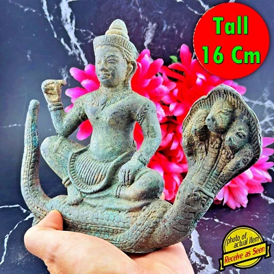 Ancient Dvaravati Green Bronze Statue Khmer Magic Goddess Cobra Naga 5Head 16152 - Image 1 of 4