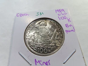 J31 Czechoslovakia 1949 Silver 100 Korun Miner Toned BU - Picture 1 of 2