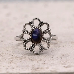 925 Sterling Silver Vintage Style Ring Labradorite Gemstone Ornate Filigree - Picture 1 of 6