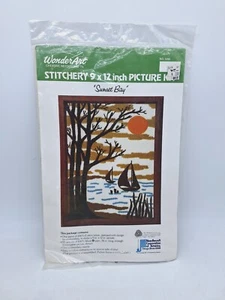 Vintage WonderArt Stitchery Picture Kit Sunset Bay Sail Boat Sailing 9 X 12” - Picture 1 of 4