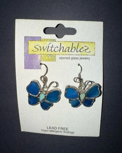 Vtg Switchables Stain Glass Earrings No Lead Hypo-Allergenic Blue Butterflies - Picture 1 of 4