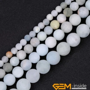 Natural Blue Aquamarine Gemstone Frosted Round Big Hole Jewelry Making Beads 15" - Picture 1 of 36