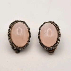 Vintage Rose Quartz Silver Clip On Earrings Estate Find - Picture 1 of 17