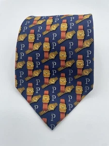 Orologio Piaget Made In Spain Cravatta Seta Modello Logo Oro Navy 3,5” - Foto 1 di 7
