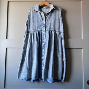 Denim Shirt Dress Womens Large Blue Sleeveless Button Front Collared Tiered - Picture 1 of 12