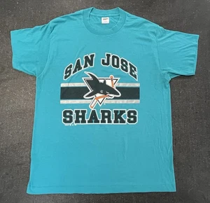 Vintage San Jose Sharks T-shirt Teal 1991 Single Stitch XL Trench USA NHL HOCKEY - Picture 1 of 7