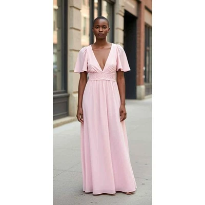 Vestido largo de poliéster rosa vintage de los años 70 con pajarita en la espalda talla XS/S ¡USADO EN EXCELENTE ESTADO! Foto 1 de 4