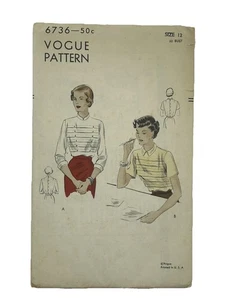 Blusa años 40 Vogue 6736 patrón de costura escondida frontal talla 12 sin cortar sin imprimir FF - Imagen 1 de 10