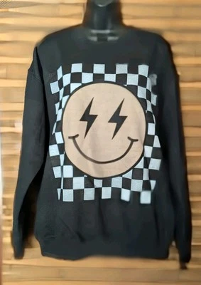 Large Vintage Faded Black Smiley Face Lightning Check Pullover Skater Sweatshirt - Image 1 of 4