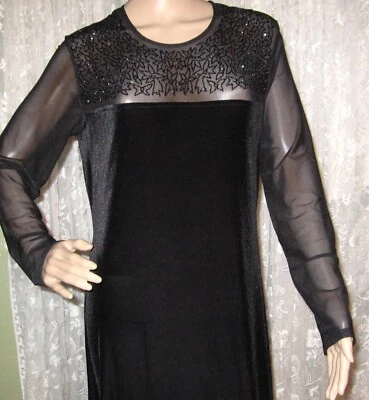 NEW SZ 12 RONNI NICOLE HOLIDAY GLAM BLACK VELVET MESH BEADE BODICE/SLEEVES DRESS - Image 1 of 4