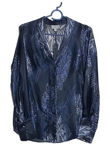 Camicia blu Jigsaw x Simon Beck 100% seta stampa geometrica ghiaccio e neve taglia UK 6 - Foto 1 di 8